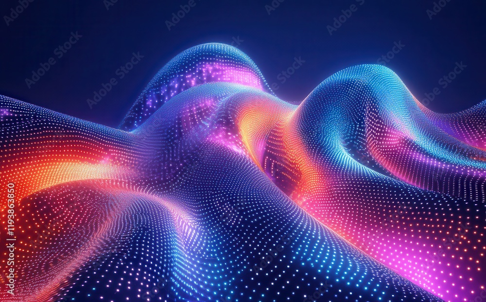 Poster abstract digital landscape with colorful wave patterns and neon dots in vibrant shades creating a fu