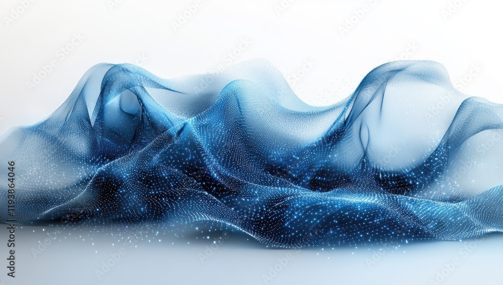 Poster abstract digital landscape with flowing waves and pulsating particles in shades of blue, creating a 