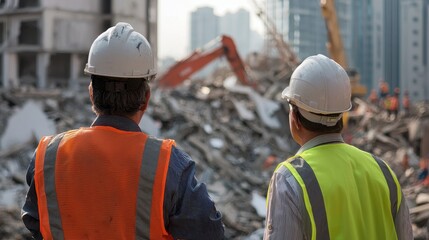 Construction workers overseeing building demolition urban cityscape photography daylight close-up perspective safety and planning