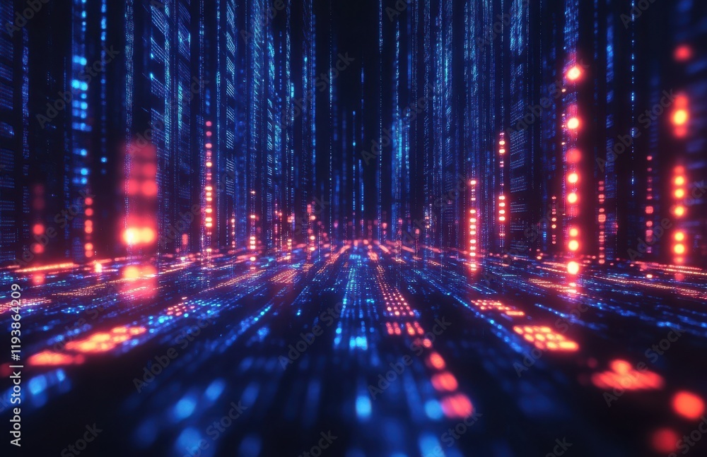 Poster abstract digital landscape with glowing blue and red data streams, representing technology, innovati