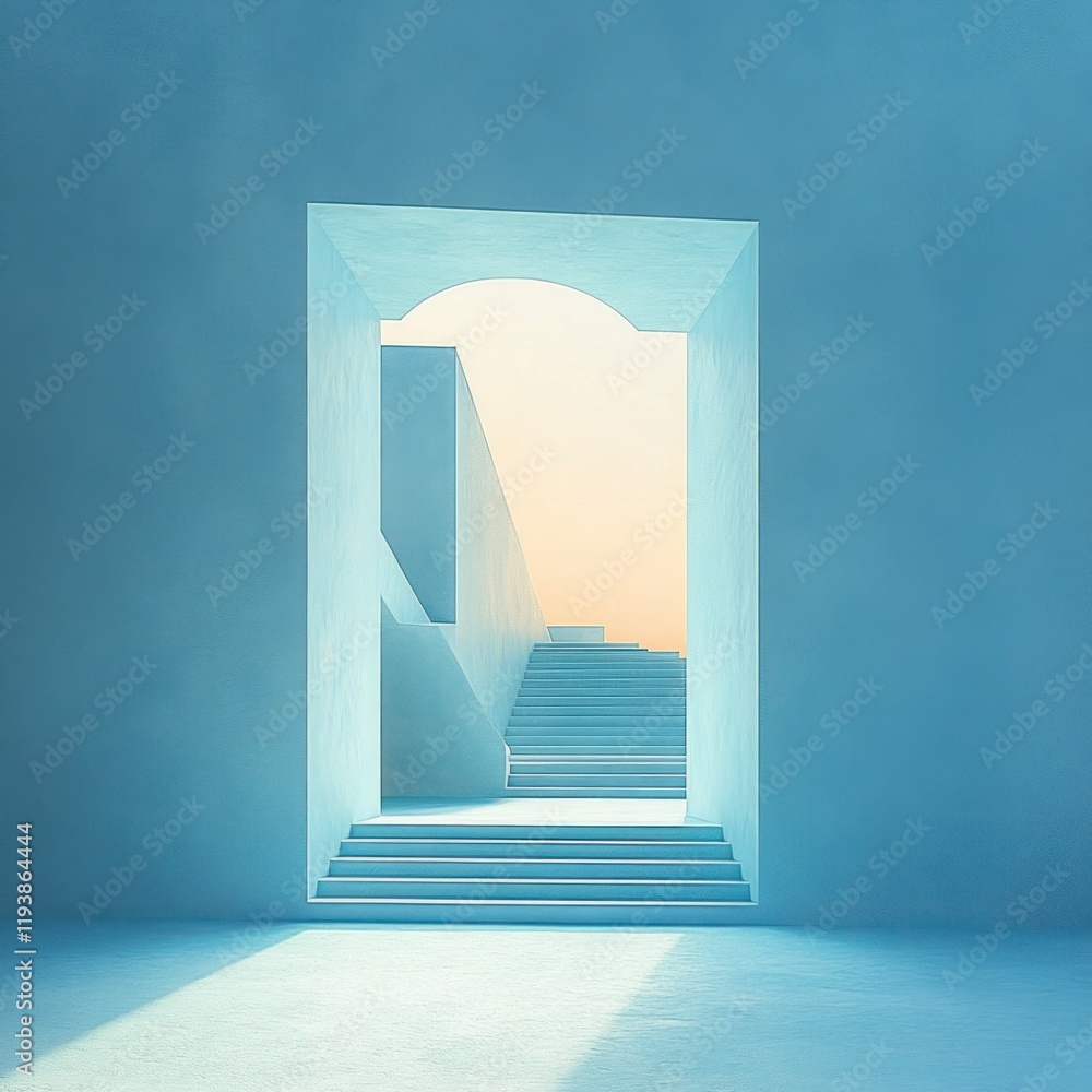 Poster geometric landscape with minimalistic stairway and floating portal for product showcase in modern ar