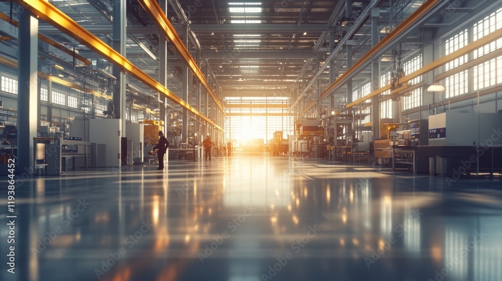 Poster a factory floor with large windows allowing natural light to flood in highlighting workers engaged i