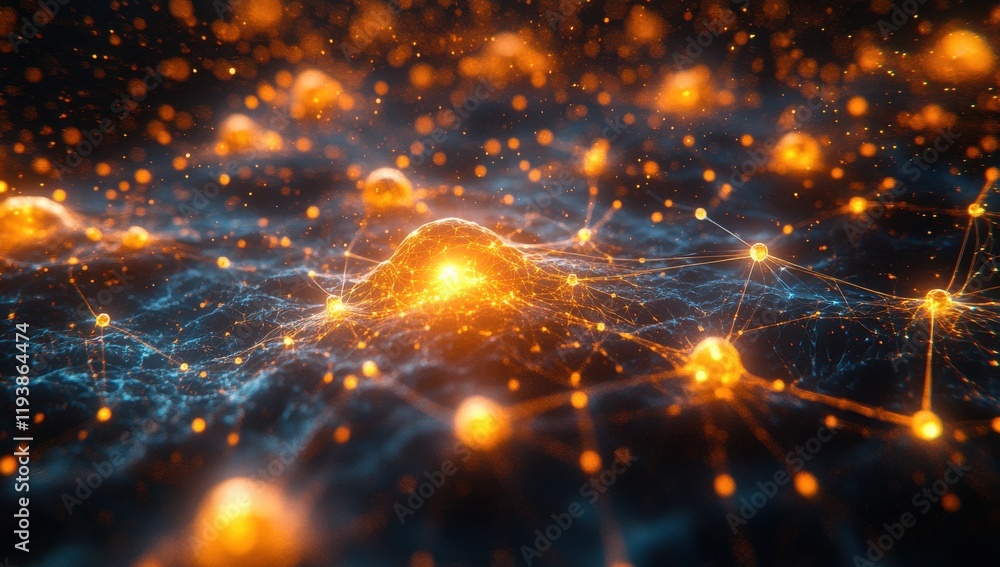 Poster abstract digital landscape with glowing particles and interconnected nodes representing cosmic energ