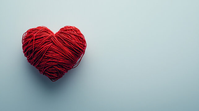 A red thread heart on white backdrop creates minimalistic valentine decoration