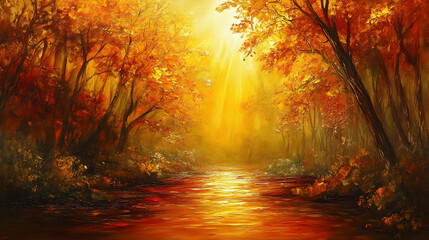 Serene Autumn Landscape with Golden Trees and Calm Water Reflection