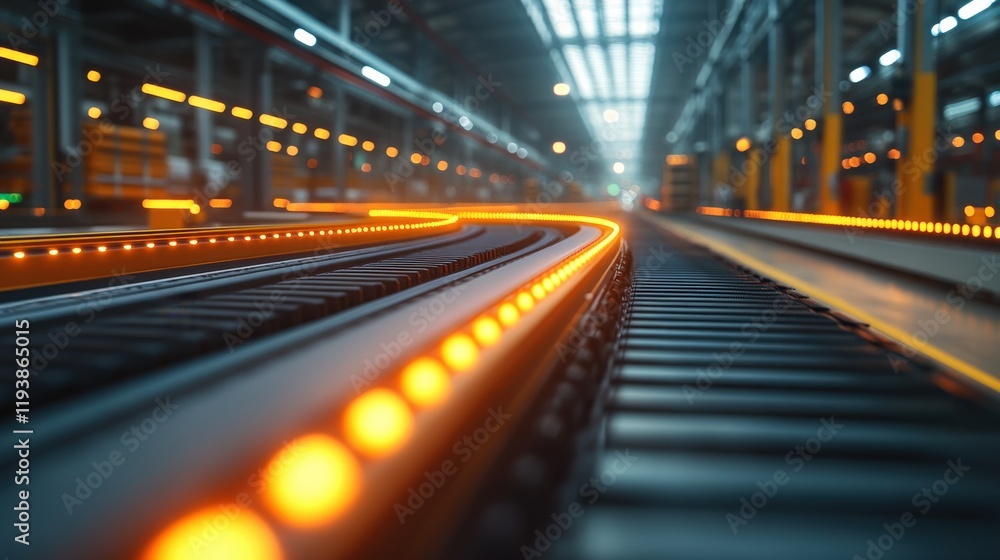 Poster a close-up view of an industrial conveyor belt system with glowing led lights in a modern factory se