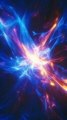 Bright neon rays emerging. Energy lines in electric blue and yellow. Abstract luminous patterns creating depth. Vertical element for festive party, seminar talks, social media post