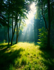 Obraz premium Dreamy scenery in a green forest. A panoramic nature shot with a soft beam of light falling into a clearing and illuminating a grass surface surrounded by trees, retro style. isolated with white hig