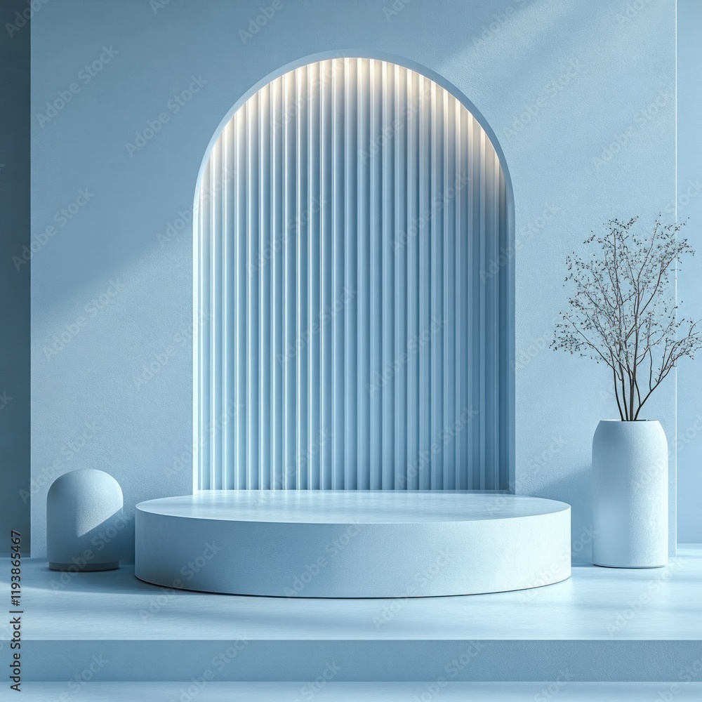 Poster minimalist podium for product presentation with geometric shapes and soft ambient lighting