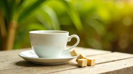 white cup with hot tea, brown sugar pieces, on the wooden background, a tea plantation in blur, copy space, mock up