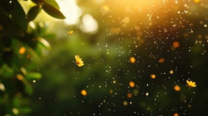 Pollen particles float through sunlight, causing skin irritation and allergy symptoms in sensitive individuals during springtime. Generative AI
