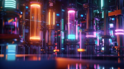 Obraz premium A glowing network of tubes and connectors with colorful data signals transmitting through them showcasing the advanced communication pathways established in a 5Genabled facility.