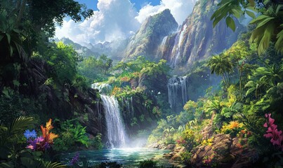 Fototapeta premium Waterfalls cascading down a rocky mountain cliff with lush greenery, greenery, waterfall