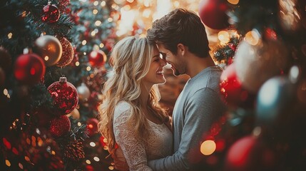festive mistletoe couple joyfully leans in for kiss. Surrounded bright decorations and wrapped gifts their laughter captures spirit of season.