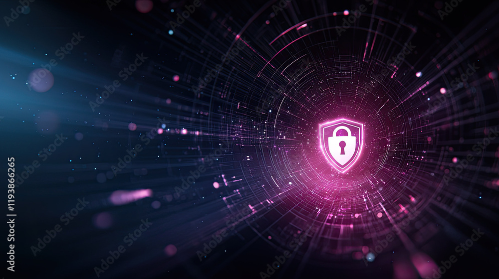 Poster digital security shield with glowing lines and particles