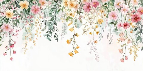 Watercolor Wildflower Seamless Border Illustration with Green Leaves Pink Yellow Buds for Wedding Stationery Wallpapers and Backgrounds