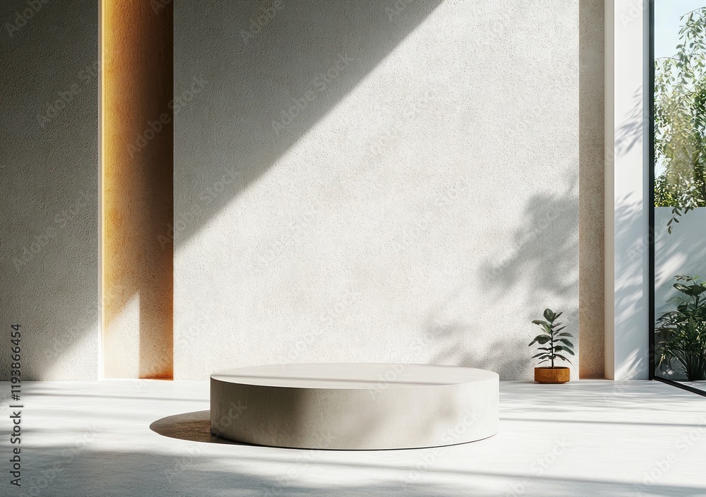 Poster minimalist product display podium with soft shadows and textured wall in modern scandinavian design