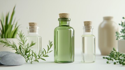 Refreshing essential oils display with green glass bottles natural elements minimalistic studio soft lighting