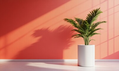 White Cylinder Pedestal with Plants in a Minimalist Room with a Coral Wall