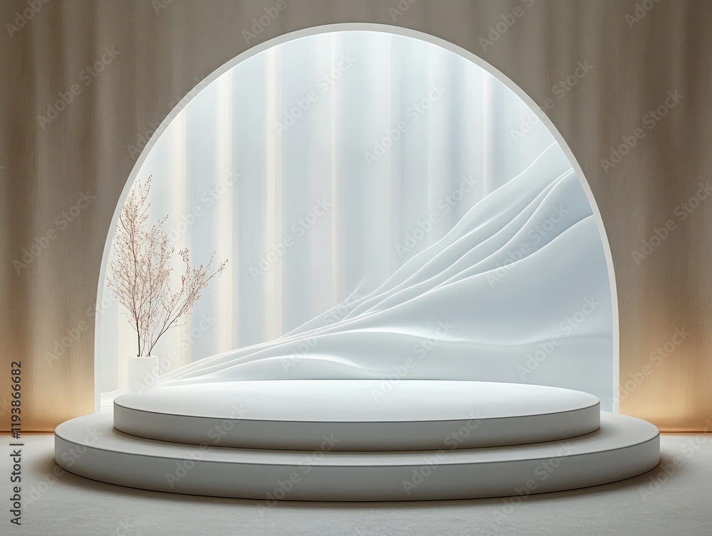 Poster minimalist studio scene with circular backdrop soft lighting and wave patterns