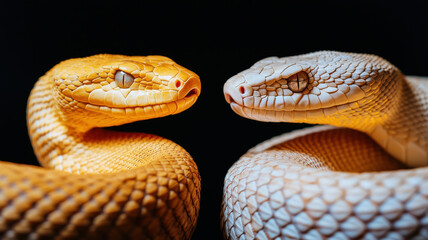 Fototapeta premium Year of snake themed, Coiled serpents in contrasting colors, glowing softly in dark