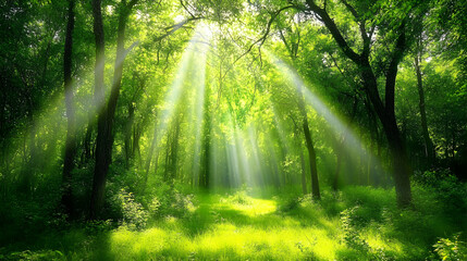 Obraz premium Sunlight Streams Through Lush Green Forest Canopy in Nature Scene
