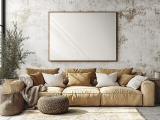 Cozy Living Room Interior with Beige Sofa Cushions Bohemian Decor and Natural Light