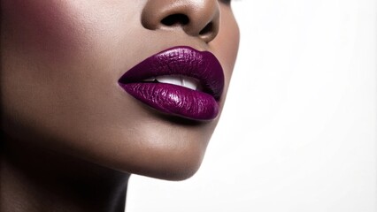 Obraz premium A striking image features a silhouette with deep plum lipstick that glistens against a white background. The stark contrast draws the eye to the lips which are the centerpiece of a