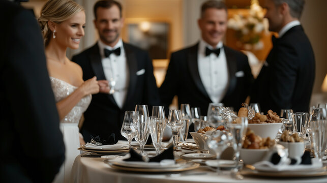A group of attendees in tuxedos and elegant evening gowns gathered around a beautifully decorated banquet table