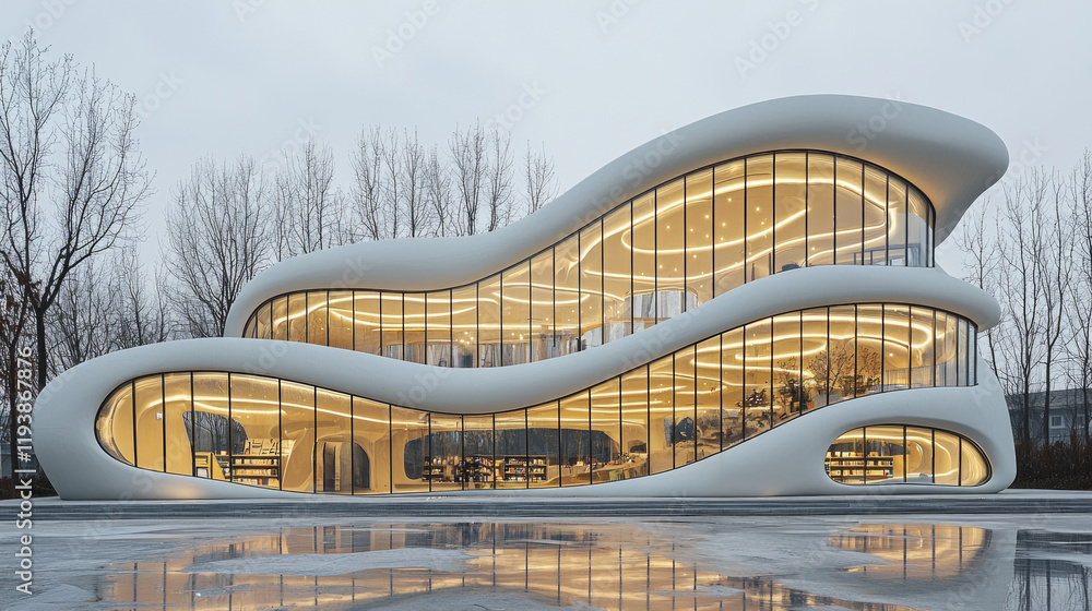 Aufkleber striking modern structure features high gloss metallic facade curvilinear design elements. large gla