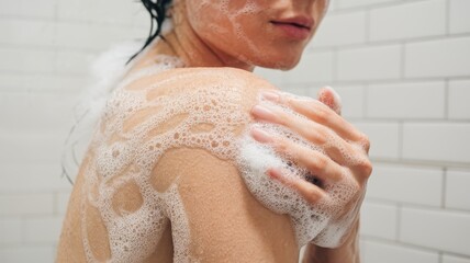 Close-up of a young Caucasian woman lathering soap onto her shoulder in a shower, capturing a serene and refreshing moment of self-care.