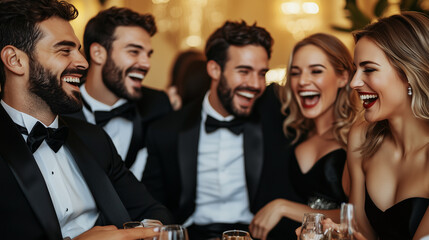 A group of friends dressed in tuxedos and evening gowns laughing and chatting during a sophisticated cocktail hour