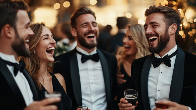 A group of friends dressed in tuxedos and evening gowns laughing and chatting during a sophisticated cocktail hour