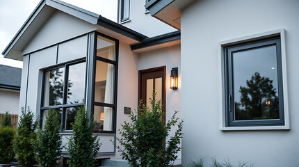 Modern House Exterior: Contemporary Home Design and Architecture. View of a stylish residential building with elegant facade, showcasing modern architecture and landscaping.