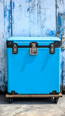 Bright Blue Storage Trunk on Weathered Wood, sits outside near a worn blue wall.