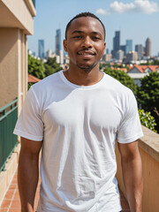 Fototapeta premium Retrato de hombre afroamericano con camiseta blanca en el exterior en el balcón