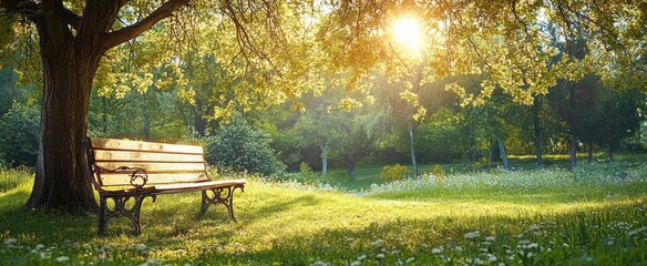Obraz premium Vintage Bench Under Lush Green Tree in Sunlit Park Meadow Full of Flowers