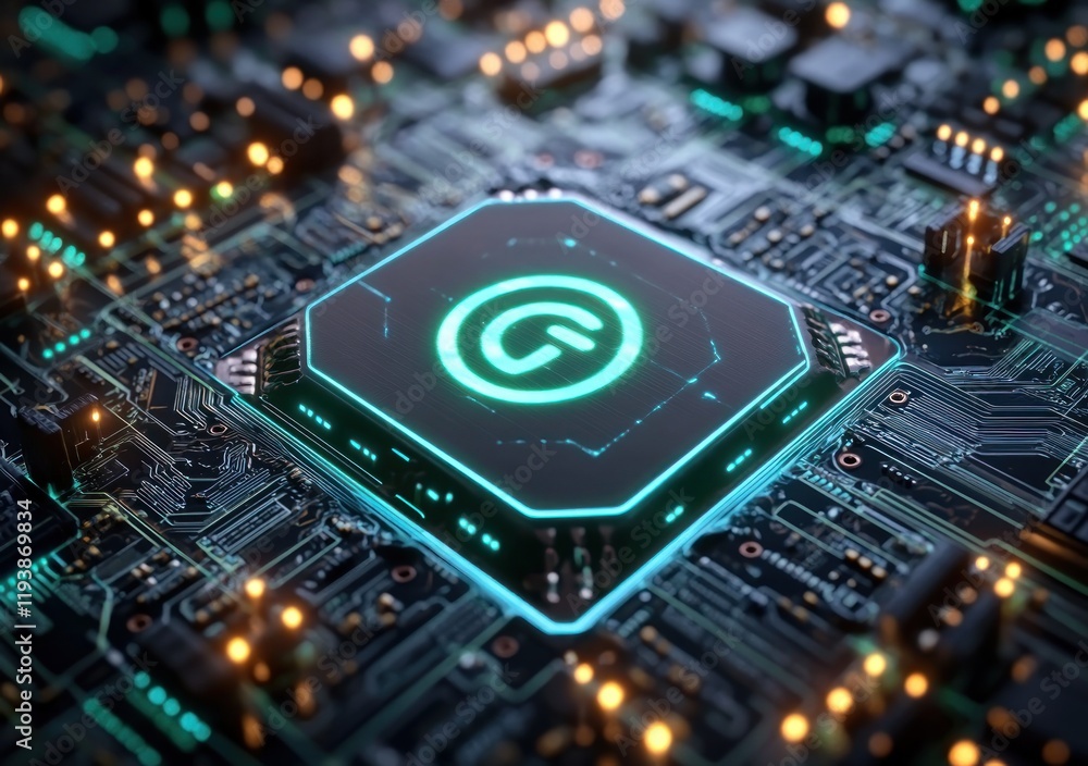 Poster futuristic circuit board with glowing processor and ai technology concept art