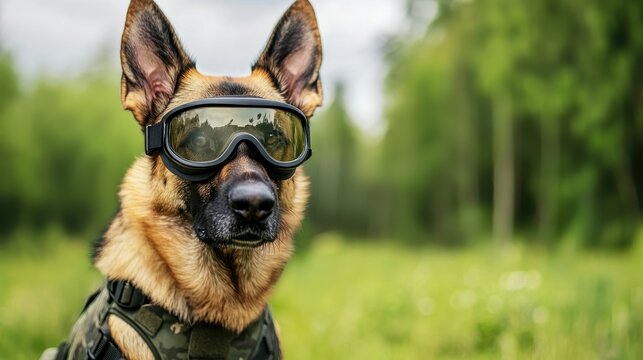 Training action of military dog in natural forest environment capturing canine focus and readiness