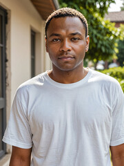 Retrato de hombre afroamericano con camiseta blanca en el exterior