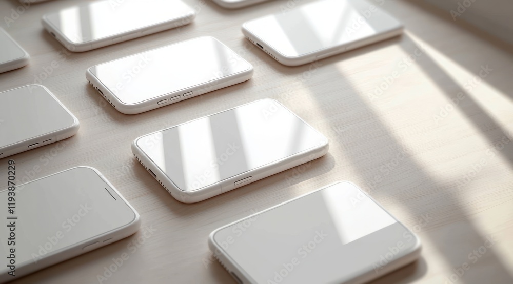 Poster minimalist smartphone design mockup with clean app interface and blank screens for technology presen