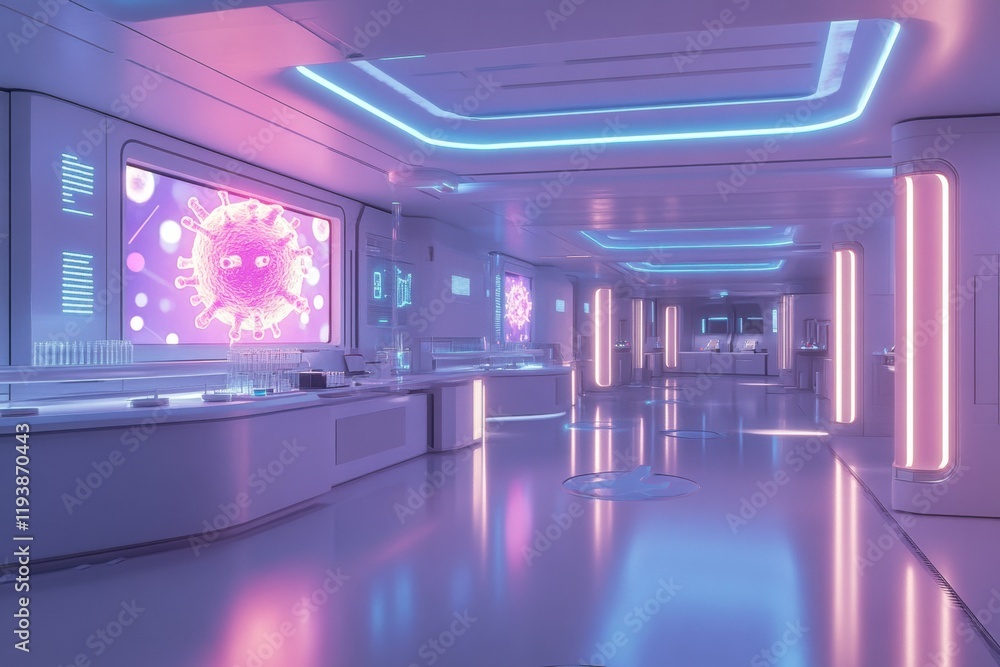 Poster modern laboratory featuring glowing monitors showing virus imagery and test tubes in a high tech env