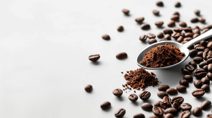 Freshly ground coffee scoop on sleek surface with scattered beans for a minimalistic coffee lover's aesthetic