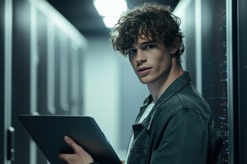 Young man holding tablet in server room. Image depicts IT, technology, and data.