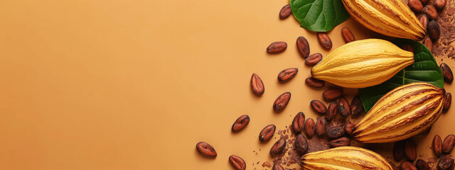 Cacao pods, beans, and chocolate products arranged in a modern layout with space for text