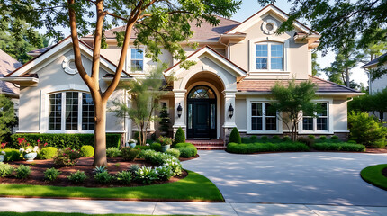 Obraz premium Luxury Home Exterior: Modern Architectural Design and Landscaping. Dream house with elegant facade, manicured gardens, and spacious driveway. Perfect curb appeal and stunning residential property.