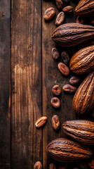 Cacao pods and processed beans displayed on a wooden surface showcasing chocolate's journey from fruit to product