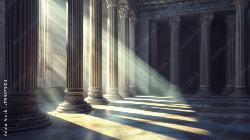 Poster sunlight streaming through classical columns.