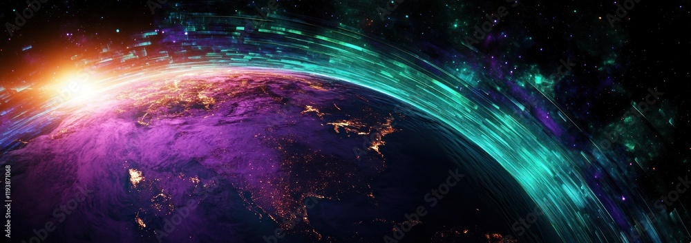 Poster future of global communication and internet technology with cryptocurrencies blockchain iot and digi