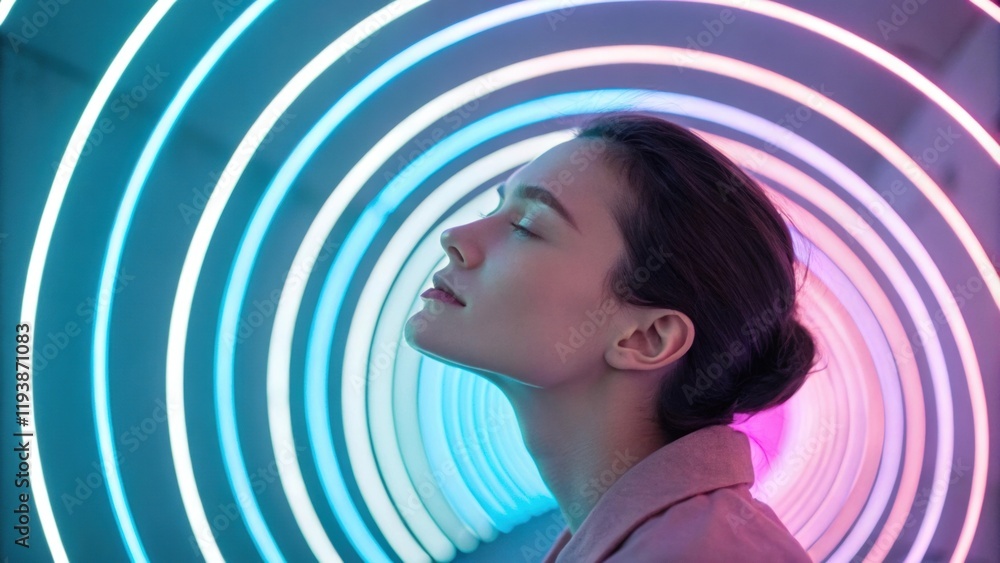 Poster a serene expression captured as a gentle spiral of pastelcolored neon lights envelops the face. the 